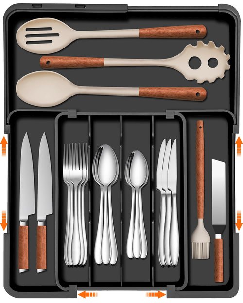 Spaclear Silverware Organizer - Expandable Kitchen Drawer Organizer, Utensil Drawer Organizer, Adjustable Plastic Flatware and Cutlery Holder, Kitchen Organizers Storage for Forks Knives, Black