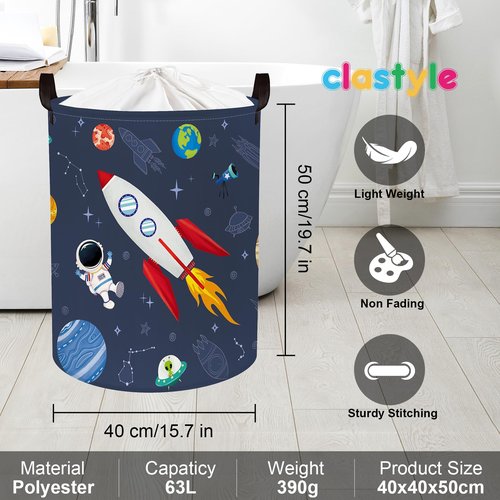 Clastyle 63L Cosmic Astronaut Rocket Laundry Hamper for Boy Large Large Collapsible Dirty Clothes Kid Laundry Basket Dark Blue Toys Storage Basket with Lid, 15.7x19.7 in