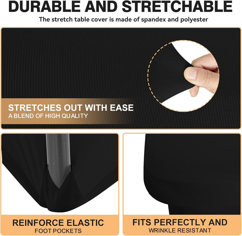 Skiennix 4 Feet Black Spandex Tablecloth - Fitted & Stretch, Washable, Wrinkle Resistant for Events & Parties