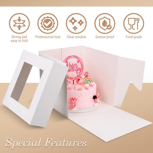 Cakebon Cake Boxes - 10x10x10 Inch 24-Pack Cajas para Pasteles - Cake Box with Window for Birthdays, Weddings and Parties