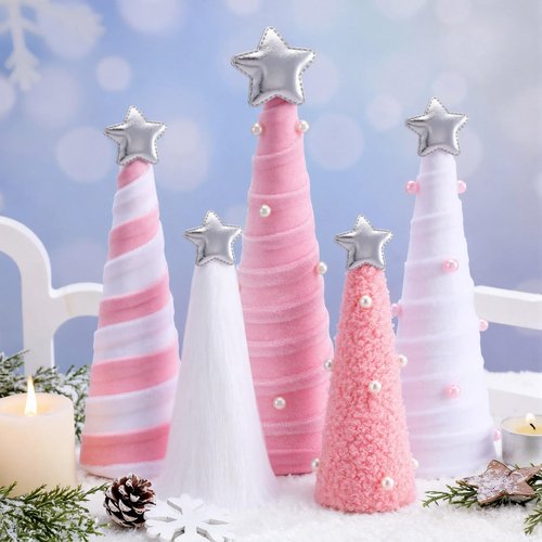 Realspring 5 Pcs Pink White Velvet Christmas Cone Tree Table Decoration Modern Xmas Tree Tabletop Centerpiece Ornaments for Mantel Fireplace Home Farmhouse Kitchen Party Crafts, 3 Sizes