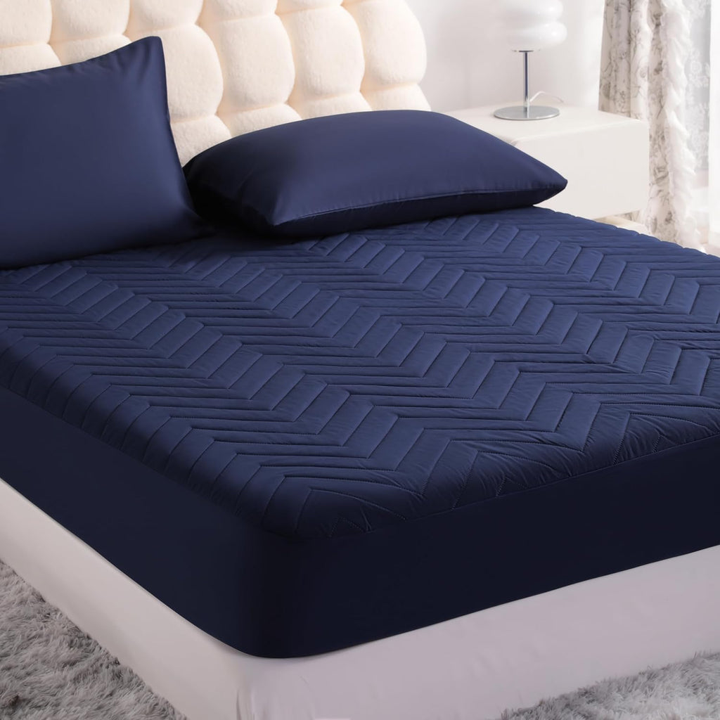 NTBAY Waterproof Mattress Protector - Quilted Twin Fitted Cover with 15" Deep Pocket | Soft, Breathable, Navy Blue