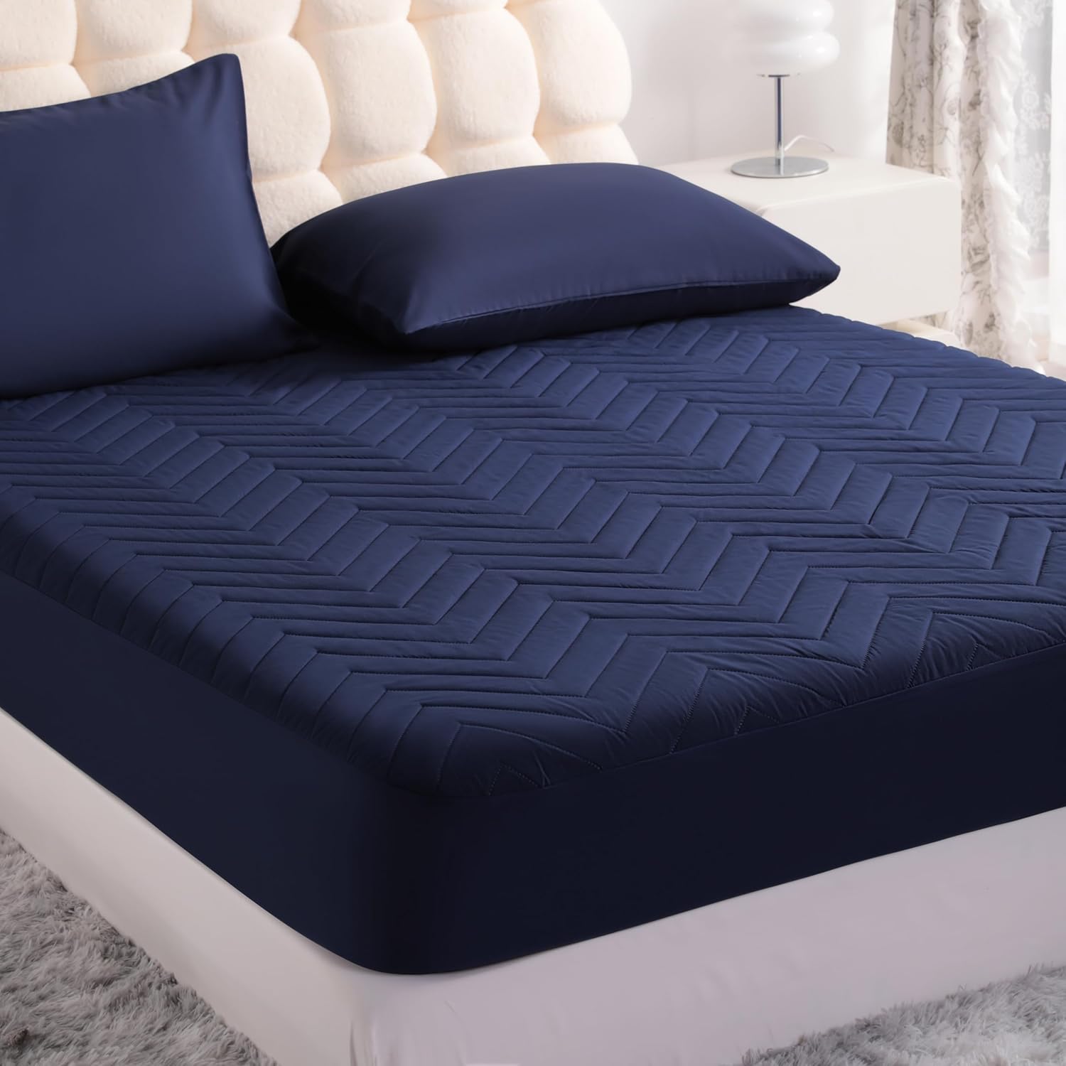 NTBAY Waterproof Mattress Protector - Quilted Twin Fitted Cover with 15" Deep Pocket | Soft, Breathable, Navy Blue