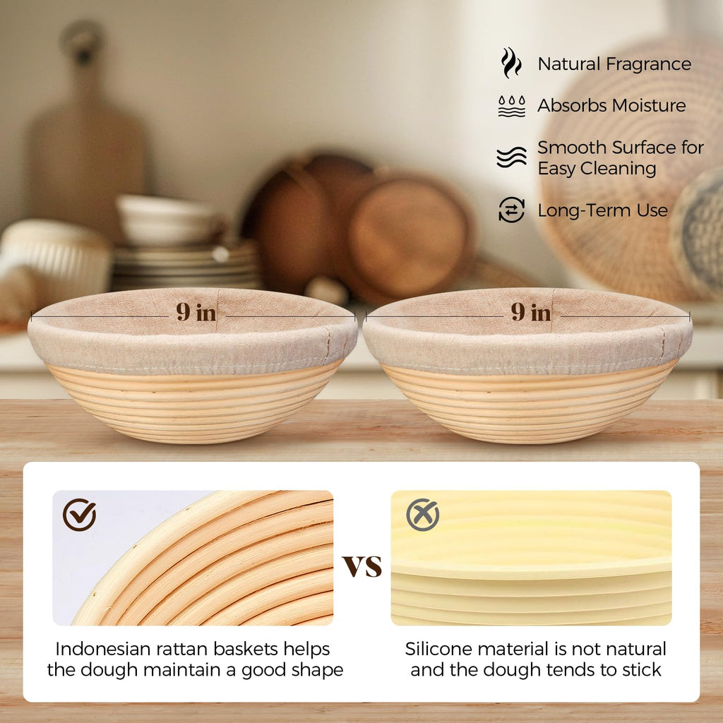 Banneton Bread Proofing Basket - Sourdough Starter Kit Banneton Sourdough Proofing Basket Set of 2, Sourdough Bread Baking Supplies for Making Baking Fermentation (9" Round Set of 2, 6 Accessories)