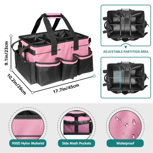 BOHEMIABY Cleaning Bags for Housekeepers, Large Cleaning Supplies Organizer with Handles & Shoulder Strap, Cleaning Caddy Bag with Foldable Divider for Cleaners, Car Horse Cleaning Bag(Pink)