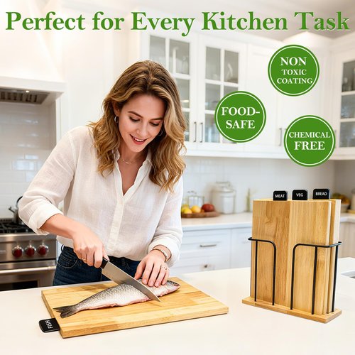 South to East Wood Cutting Board Set of 4 with Food Labels & Holder - Kitchen Chopping Boards for Meat, Bread & Veg | Easy Storage Wooden Cutting Boards for Family Meals, Ideal Gift for Home Cooks