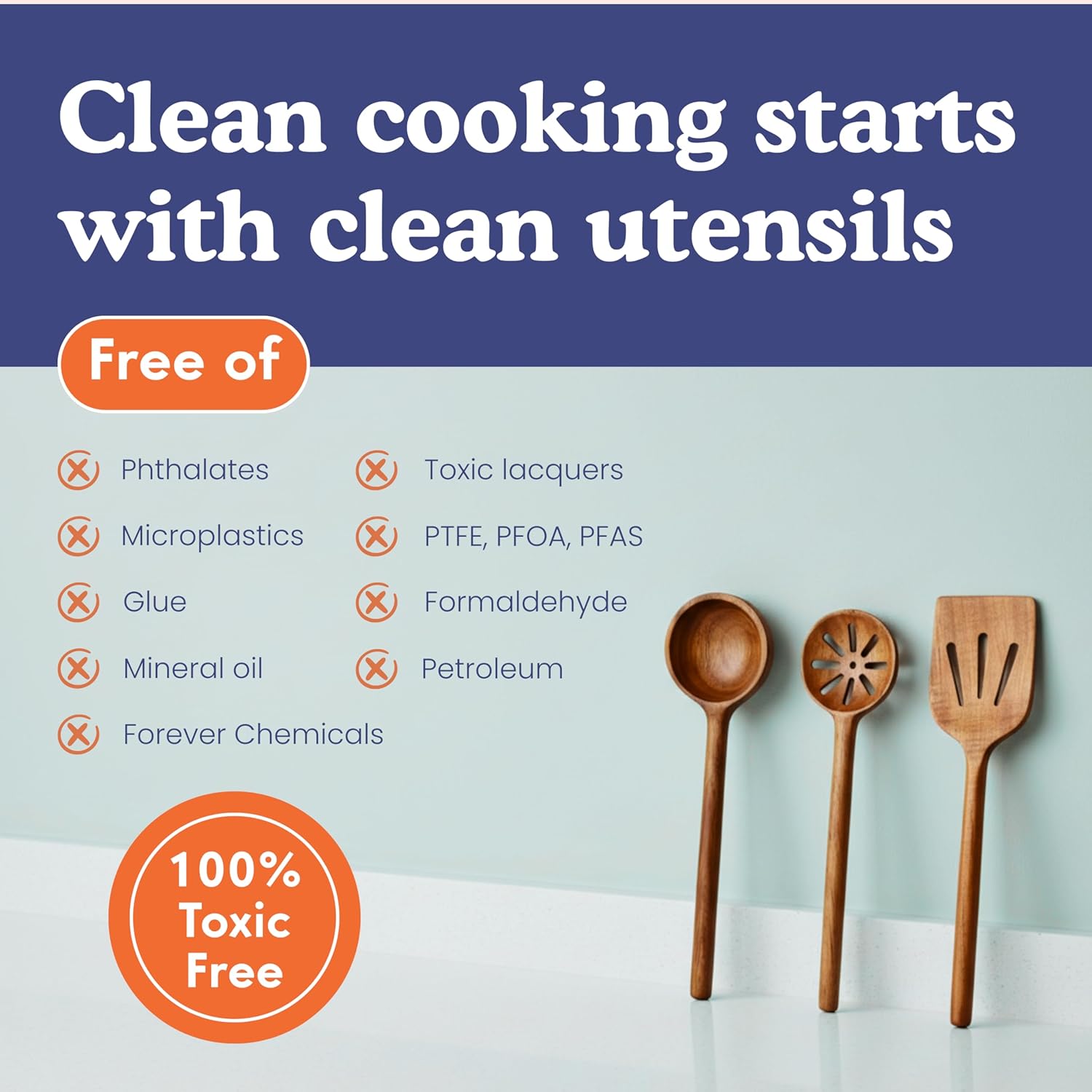 Non-Toxic Cooking Utensils | 6-Piece Wooden Utensil Set - Glue-Free, Natural Finish, Eco-Friendly