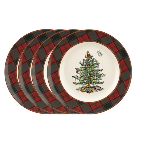 Spode Christmas Tree Tartan 10.5″ Dinner Plate, Set of 4 – Fine Earthenware Holiday Tableware, Rustic Plaid Border & Iconic Christmas Tree Center – Dishwasher, Microwave & Freezer Safe Holiday Gift