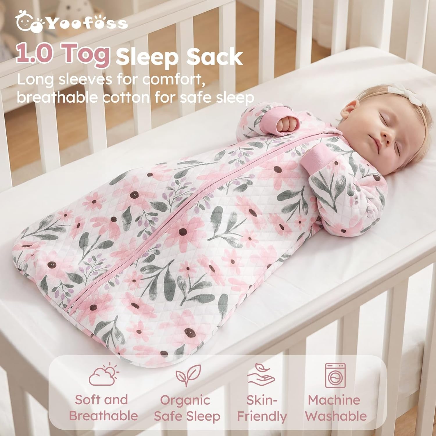 Yoofoss Baby Sleep Sack - Organic Cotton Wearable Blanket for Infants 6-12 Months | 1.0 Tog, Long Sleeve, 2-Way Zipper