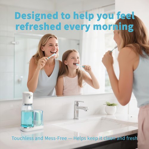 WannSenn Automatic Mouthwash Dispenser for Bathroom Set, Smart Electric Mouthwash Dispenser with Cup Holder, 25oz Mouthwash Container, Rechargeable, Suitable for All Age Groups, White