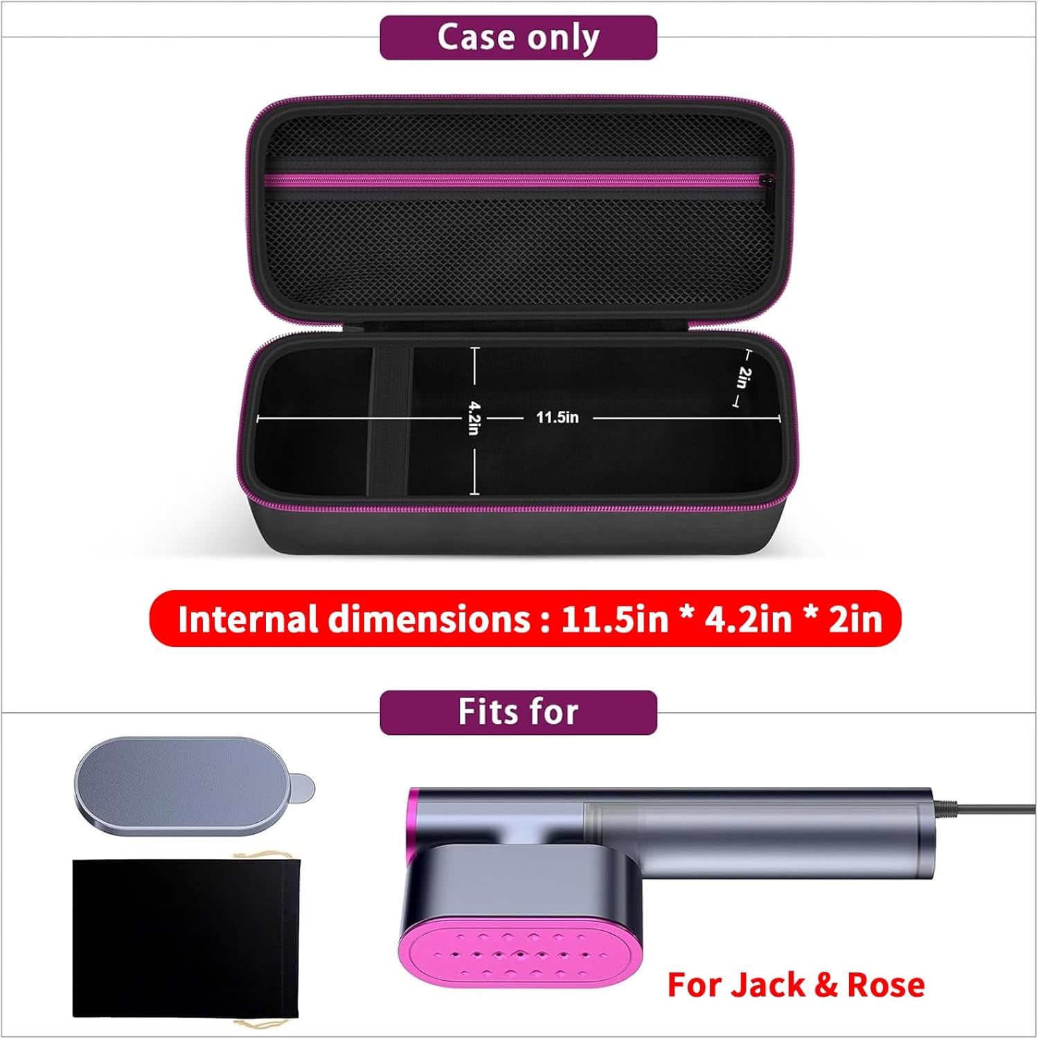 Steamer Case by Jack & Rose - Portable Handheld Iron Storage Bag with Mesh Pocket - Black