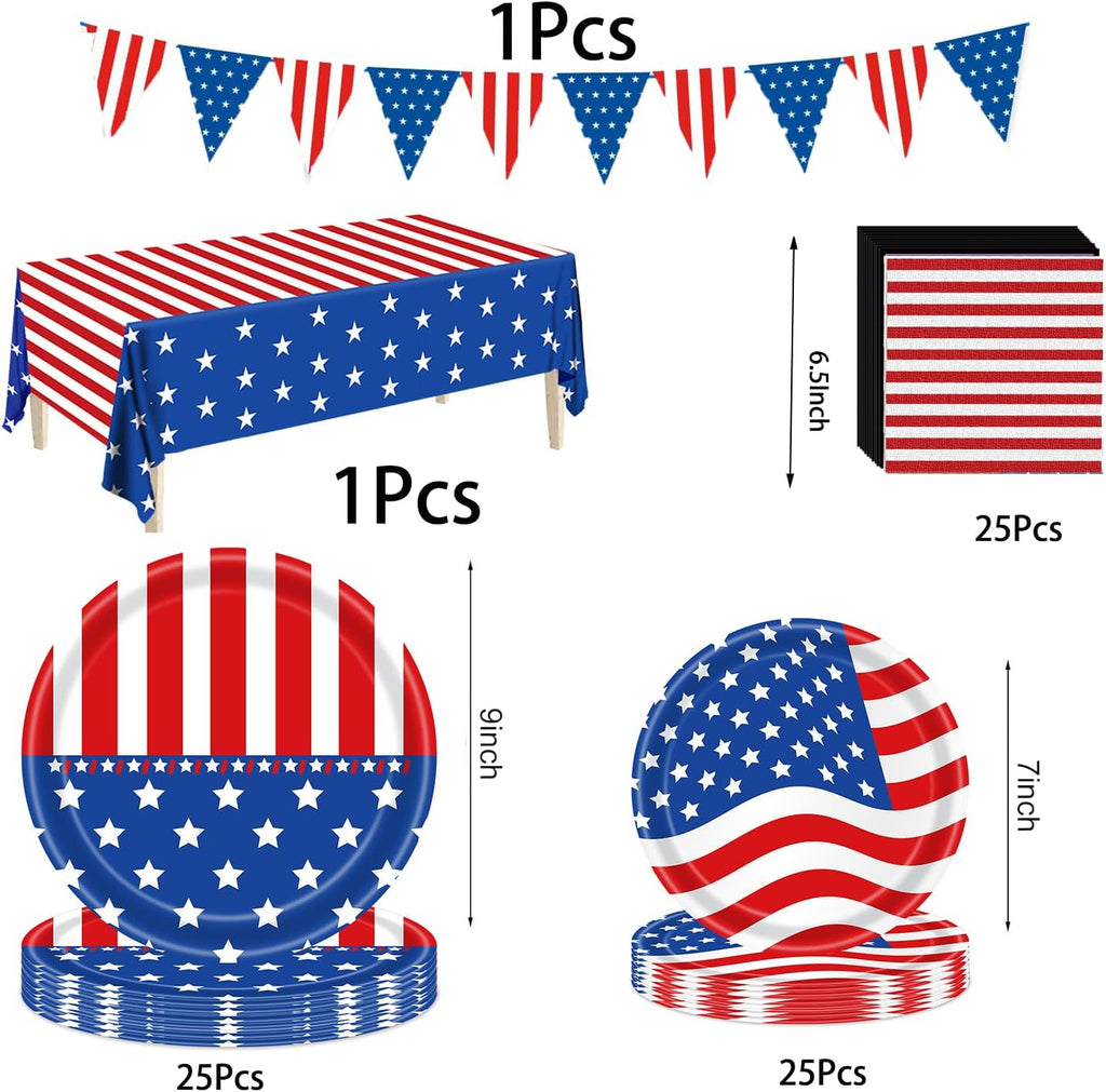 Patriotic Party Supplies - American Flag Party Set with Plates, Napkins & Tablecloth for 25 Guests
