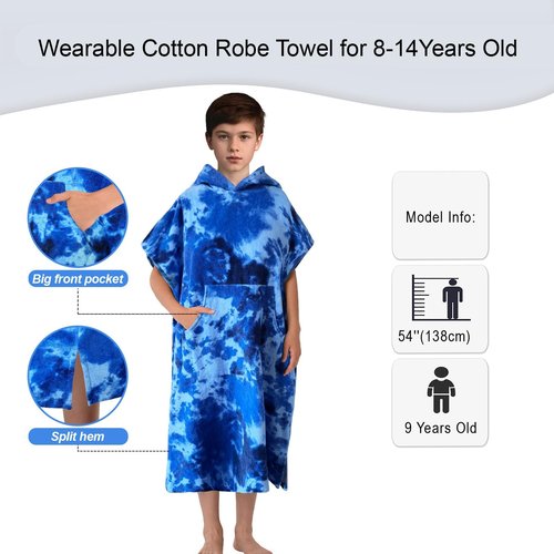 VOOVA & MOVAS Hooded Towels for Teens (8-14 Years,36"X26") | 100% Cotton Poncho Towel for Big Kids & Boys | Large Absorbent Towel Robe for Pool, Bath, Swim | Blue Tie Dye Design