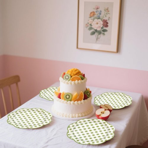 50Pcs Sage Green Gingham Paper Plates 7Inch, Green and White Scalloped Plates Disposable Cake Dessert Dinner Plate for Baby Shower Wedding Birthday Party Decorative Supplies (7 Inch)