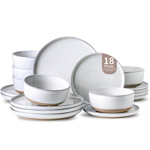 HASENSE Plates and Bowls Sets, 18 Pieces Porcelain Dishes Sets Service for 6, Stoneware Dinnerware Sets with Speckled Pattern, Scratch Resistant Microwave and Dishwasher Safe, Bluish White