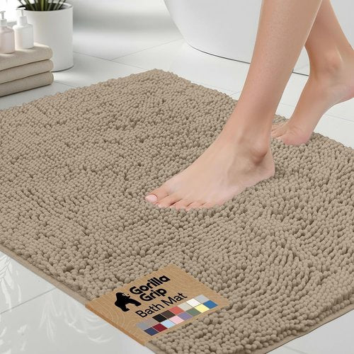 GORILLA GRIP Bath Rug Mat - Thick Absorbent Chenille | Quick-Dry Microfiber, 48x17 Inches, Gray Beige