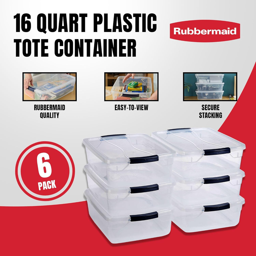 Rubbermaid Cleverstore 17 Qt Clear Storage Bins - Stackable, BPA-Free, 6-Pack | Made in USA