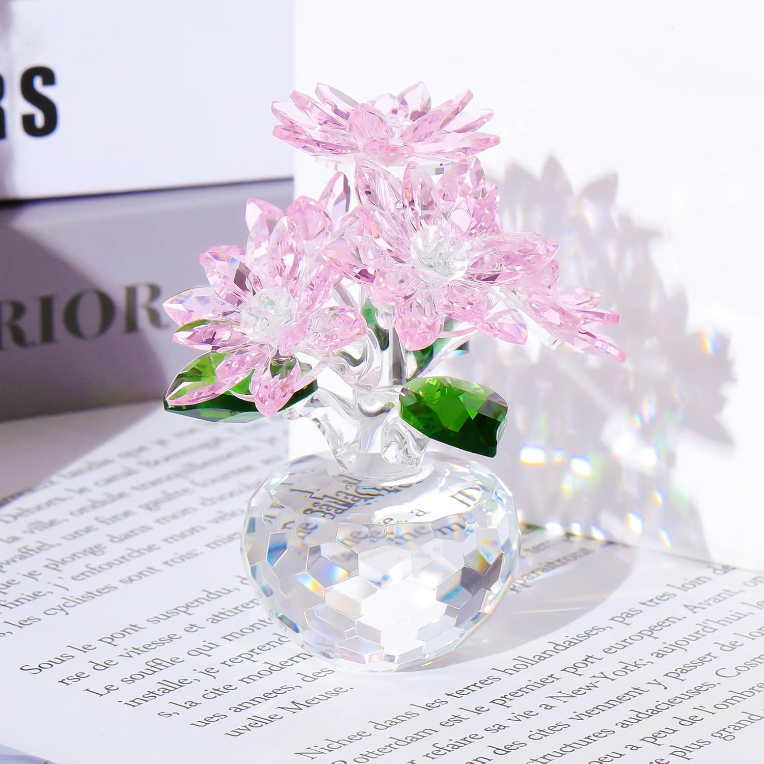 YWHL Pink Crystal Flower Figurine - Handmade Glass Decor | Beautiful Art Collectible for Home Centerpiece