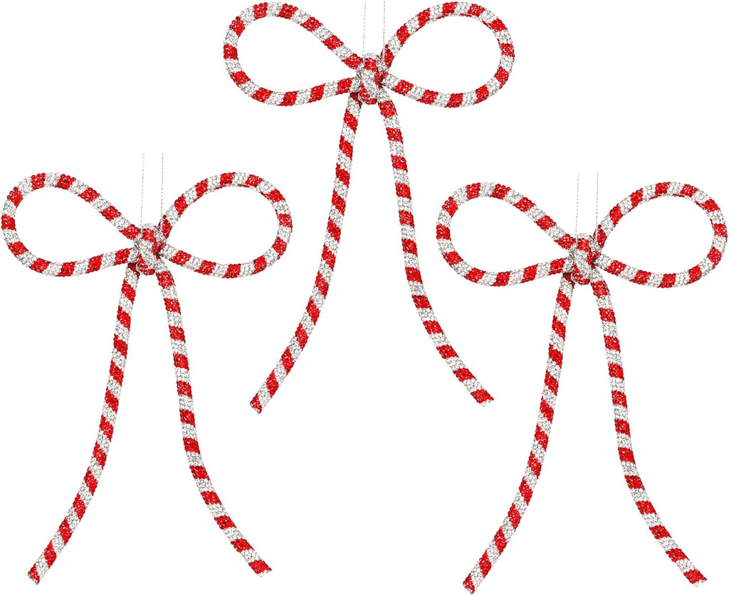 Regine Switzerland 3 Pcs Handmade Rhinestone Christmas Bow Ornaments - Glitter Candy Cane Design | Red & Silver, Small