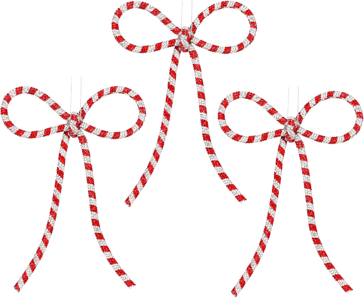 Regine Switzerland 3 Pcs Handmade Rhinestone Christmas Bow Ornaments - Glitter Candy Cane Design | Red & Silver, Small