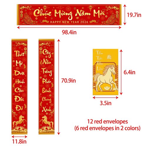Wollmix Tet Vietnamese Lunar New Year Decorations 2026 Chuc Mung Nam Moi Lien Treo Trang Tri 3 Pieces Banner Red Hanging Couplets with 12 Red Envelopes