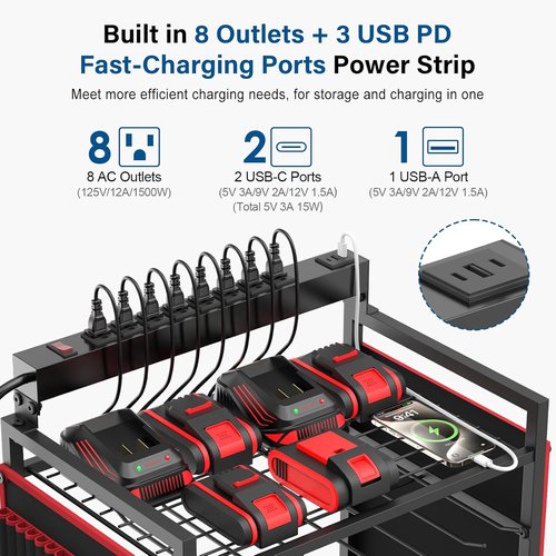 JUNNUJ Power Tool Organizer Cart - Heavy-Duty Rolling Storage with 8 Outlets & 3 USB Ports | Large Utility Rack