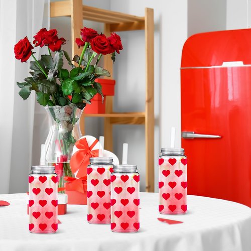 Whaline 20Pcs Valentine's Day Plastic Cups with Lids and Straws Clear Party Drinking Cups Red Heart Reusable Tumblers for Holiday Party Supplies