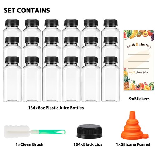 Moretoes 134pcs 8oz Juice Bottles with Lids, Plastic Juice Bottles with Caps for Juicing Tea Milk Drinking and Other Beverages