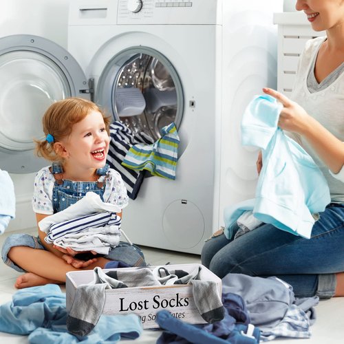 Farmhouse Lost Socks Storage Funny Laundry Sign Wooden Storage Baskets Laundry Room Missing Socks Decor Farmhouse Sock Basket for Room Wall Decor (11.02 x 3.54 x 3.54 Inch)