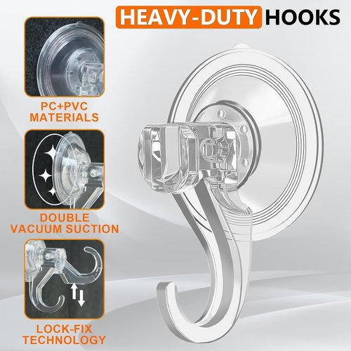 KORCCI Suction Cup Hooks - Heavy-Duty 10 LB Load, No Trace & Reusable | Clear for Bathroom & Kitchen - 2 Pack