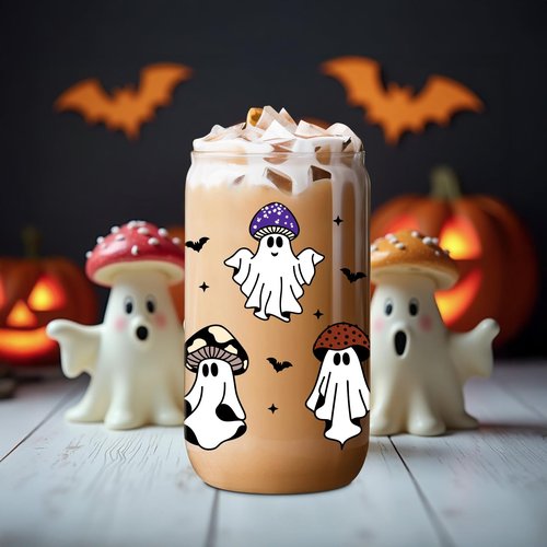 Fairy's Gift Ghost Mushroom Halloween Cup, Spooky Mushroom Ghost Iced Coffee Glass Tumbler, 16 oz Cute Cups with Lids Straws, Boo Basket Stuffers, Spooky Halloween Gifts for Women Teens, Fungi Lovers