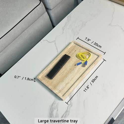 OAIQNUJ Travertine Stone Tray for Coffee Table, 12 x 8 inch Rectangle Marble Vanity Tray for Bathroom Countertop, Decorative Dish for Perfume Jewelry (Beige Travertine)