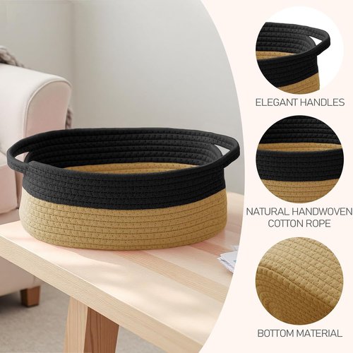 JMvicyroam Woven Storage Baskets - Small Rope Bins with Handles for Organizing | Black & Jute, 3-Pack