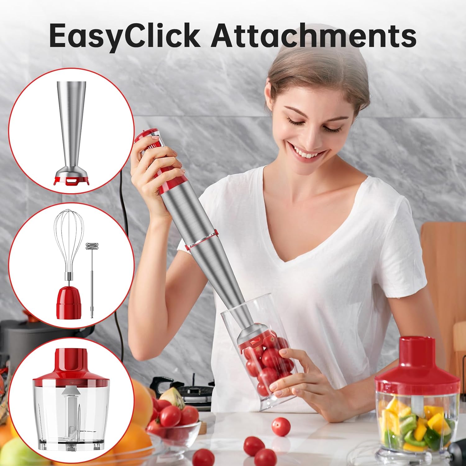Skiennix Immersion Blender - 1100W Handheld Stick Mixer with Variable Speed, Chopper & Whisk - Christmas Red