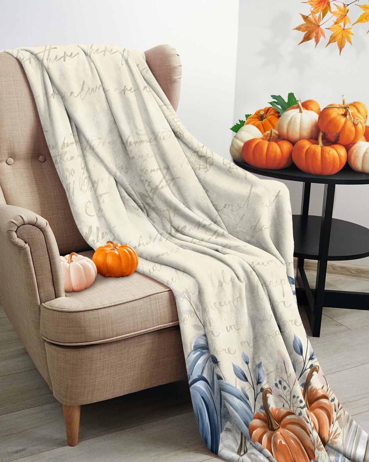 Blue Pumpkins Fall Throw Blanket - Elegant Leaves Flannel Fleece, Lightweight for Women, Adults, Kids & Babies - Microfiber Nap Blanket for Couch, Bed, Sofa - 60" x 40"