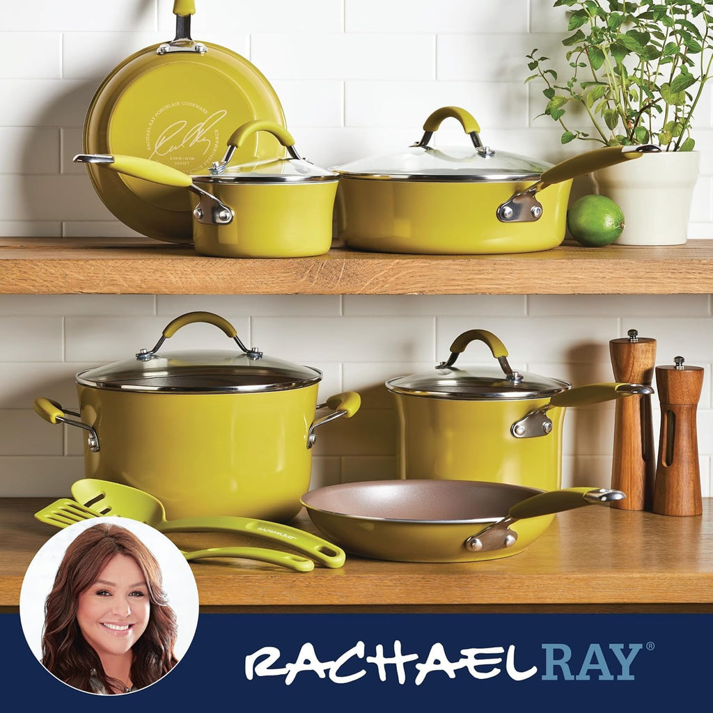 Rachael Ray Cucina Nonstick Cookware Set - 12 Piece in Lemongrass Green for Effortless Cooking