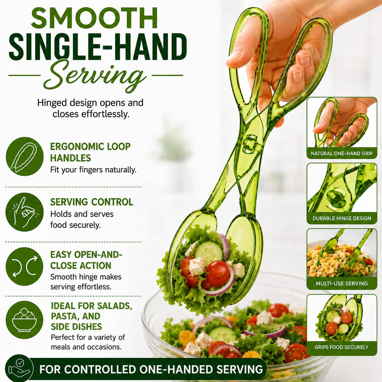 HIC Kitchen Salad Tong, Hinged Design, Detachable Fork and Spoon Green