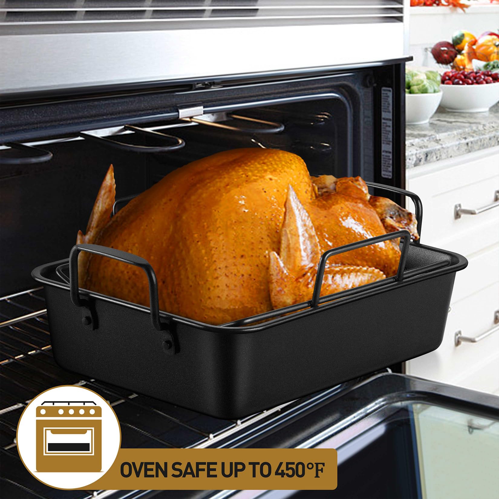 P&P CHEF 16" Roaster Roasting Pan with Baking Rack and V-shaped Rack, Stainless Steel Rectangular Lasagna Pan with Handles for Turkey Chicken, Healthy & Dishwasher Safe, 3 Pieces, Black
