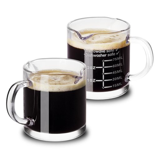 Ackers Etched Scale Espresso cup with Handle, Thickened Bottom and Wall, Double V-Shaped Spout,2.5OZ Milk Frothing Pitcher,75ML Milk Cup with Handle, Espresso Accessory(Pack of 2)