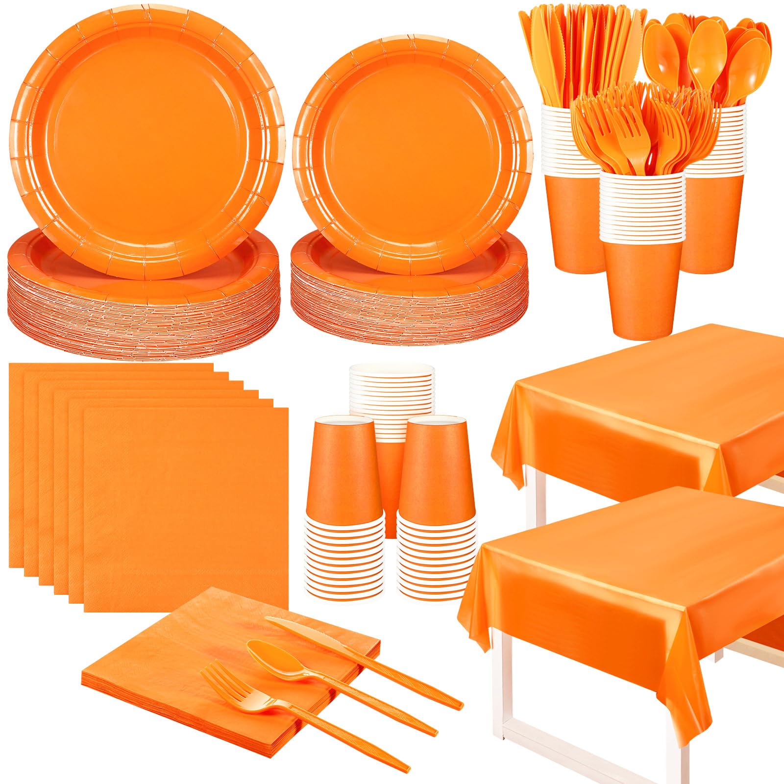 Qilery 282 Pcs Orange Plates Party Supplies Set Serves 40 Guests, Disposable Party Plates, Cups, Plastic Spoons Forks Knives, Napkins, Orange Dinnerware for Fall Thanksgiving Wedding Birthday