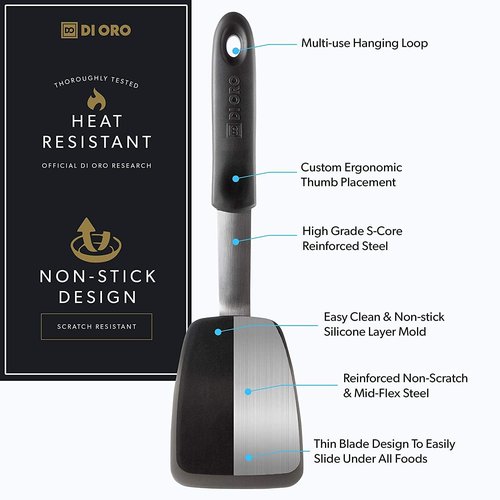 DI ORO Chef's Choice 7-Piece Turner Silicone Spatula & Spoon Set - 600°F Heat-Resistant Kitchen Utensils - Dishwasher Safe, Food Grade, and BPA Free - 5 Turner Spatulas and 2 Silicone Spoons (Black)