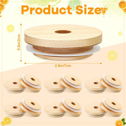Cunhill 80 Pieces 70mm Bamboo Jar Lids Bulk with Straw Hole for Glass Cups Reusable Mason 2.76 Inch Wooden Lids with Silicone Ring for Beer Can Cups Regular Mouth Drinking Jars