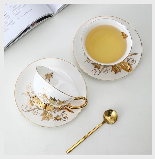 Table Fashion Essentials TFE's Tea Cup and Saucer Set - 6 Pcs Bone China with Vintage Design Gift Set - Coffee Cup and Espresso Cup Set for Any Occasion Including Formal Gatherings (Golden Vines)