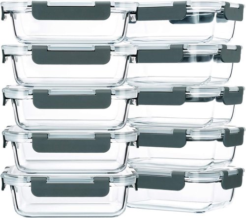 MCIRCO 22 Oz Glass Meal Prep Containers - 10-Pack Food Storage with Lids | Microwave, Oven, Freezer Safe (Gray)