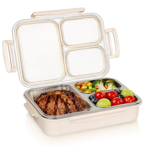 PTYTIFY Stainless Steel Bento Box, 3 Compartments Leakproof Stainless Steel Snack Containers, 25 oz Premium 304 Metal Lunch Box for Adults, BPA-Free, Dishwasher Safe (Beige)