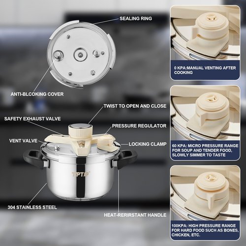 TIPTAP 4.5QT/5L Stainless Steel Pressure Cooker, Multifunctional Pot with Glass Lid, Ideal for Steaming, Soups, Pressure Cooking, Rice and More, Compatible with Gas Stove and Induction Cooktops
