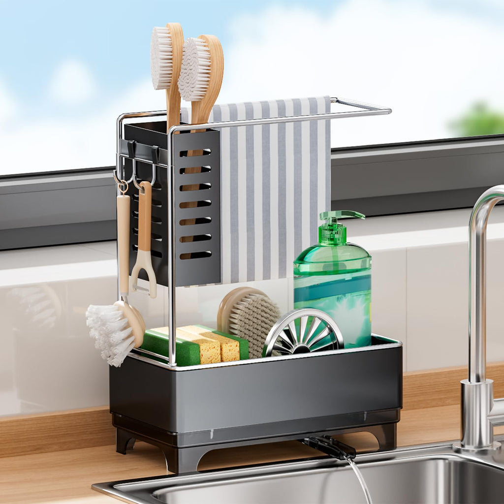 Kitchen Sink Caddy, Sponge Holder for Kitchen Sink with Brush Holder & Dishcloth Rack, Rustproof Sink Organizer Countertop, Kitchen Organizers Storage Essentials, Black