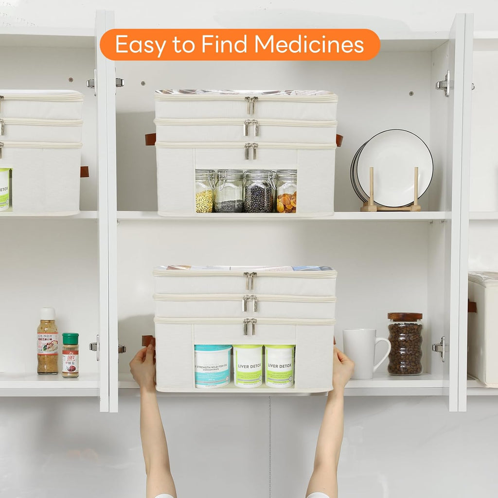 Skiennix 3-Tier Medicine Organizer - Foldable Storage Box with Clear Cover & Leather Handle | Perfect for Home & Travel