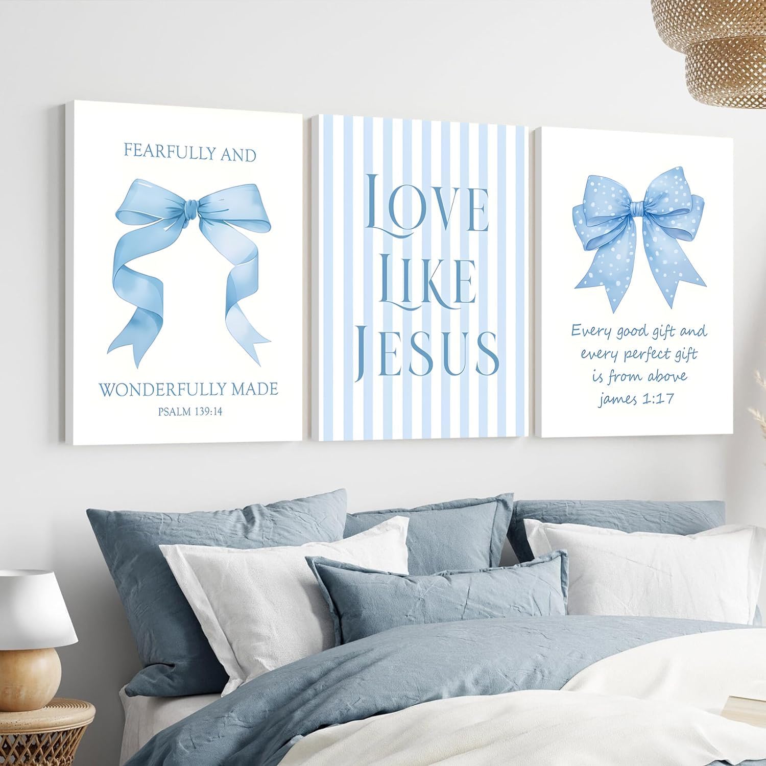 Blue Bow Jesus Canvas Wall Art - Inspirational Bible Verse Decor for Dorm Room | 12x16 Inch Framed