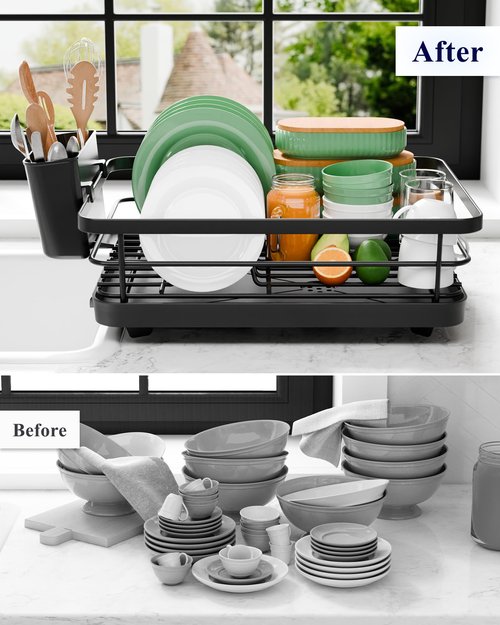 Kitsure Dish Drying Rack - Compact Dish Rack with Utensil Holder & Adjustable Water Outlet, Rust-Proof & Scratch-Resistant Drying Rack for Kitchen, 14.5" x 12.0" x 4.0", Black